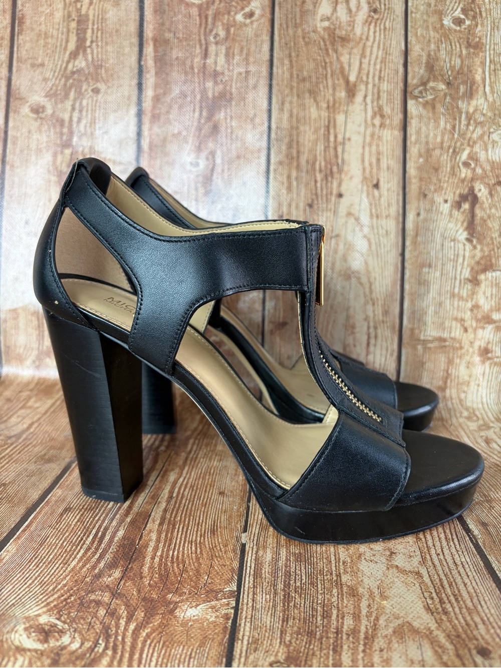 Michael Kors Black Platform Block Heel Sandals with Zip Accent 6.5
